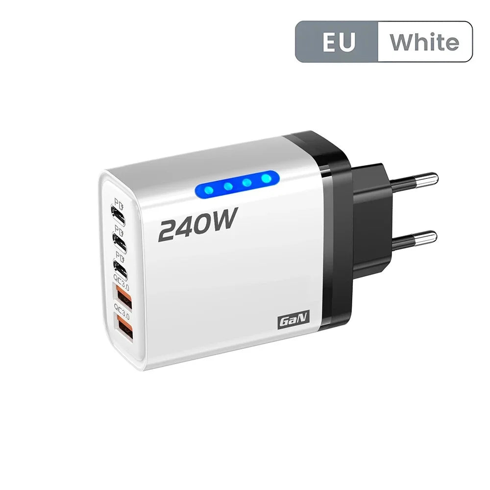 240W GaN USB C Ladegerät 5 in 1 Schnellladung Telefon Ladegerät Netzteil für iPhone Samsung Xiaomi Typ C EU/US-Stecker Wandladegerät