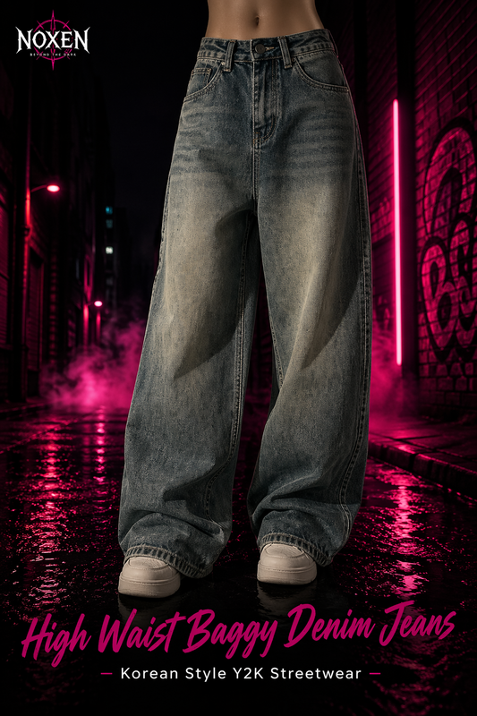 High Waist Baggy Denim Jeans - Korean Style Y2K Streetwear