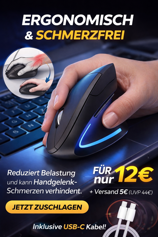 HOMEFISH Vertikale Maus, ergonomische 2,4-GHz-Funkmaus, optische Maus, 3 einstellbare DPI-Werte 800/1200/1600, 6 Tasten für Laptop, PC, Computer