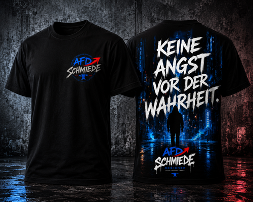 Schwarzes Oversize-T-Shirt mit „KEINE ANGST VOR DER WAHRHEIT“-Motiv und großem Cyberpunk-Rückenprint im Streetwear-Design. afd 