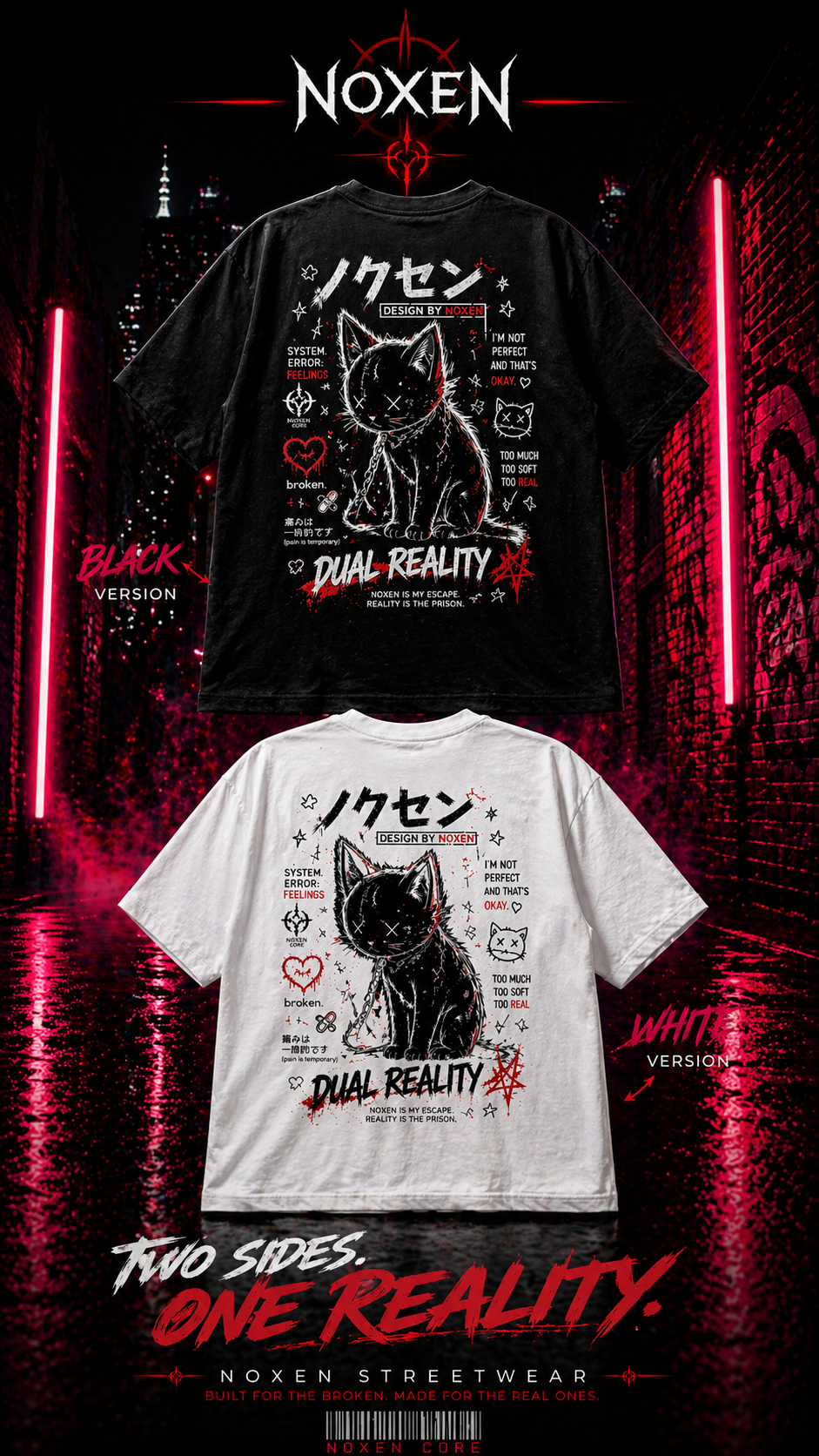 NOXEN Dual Reality Oversize T-Shirt in Schwarz und Weiß mit auffälligem Graphic Print im modernen Streetwear-Design.