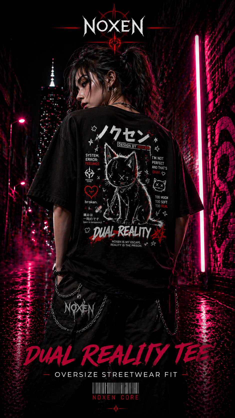 NOXEN Dual Reality Oversize Graphic Tee Frau in Schwarz  mit modernem Streetwear-Print