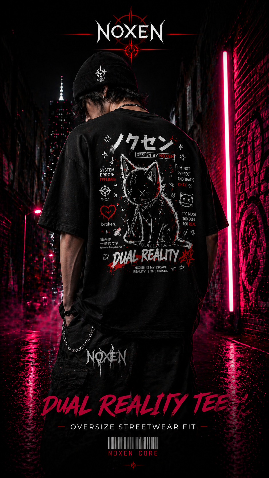 NOXEN Dual Reality Oversize Graphic Tee Man in Schwarz mit modernem Streetwear-Print