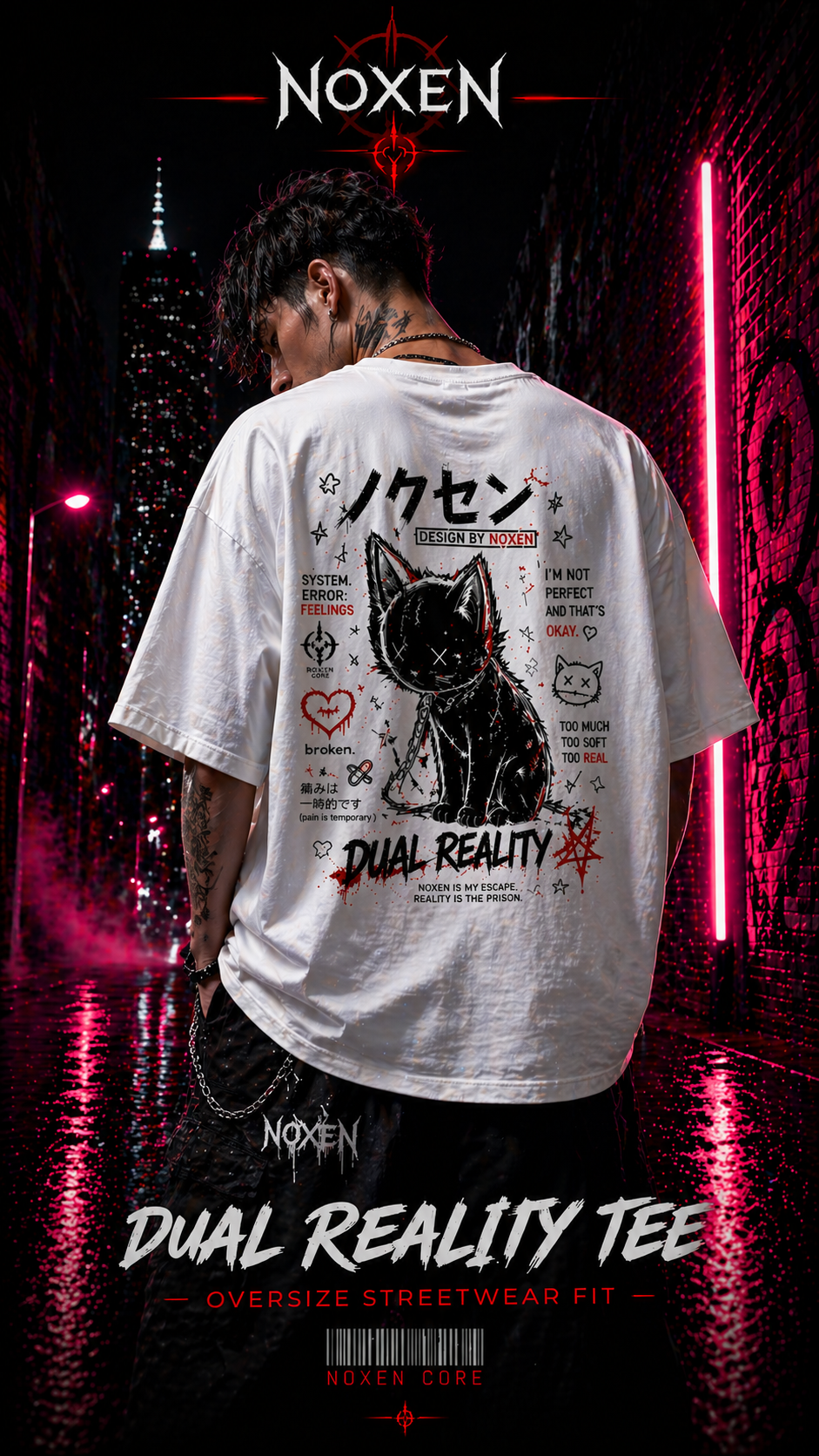 Premium Oversize T-Shirt von NOXEN mit Dual Reality Motiv, erhältlich in Weiß.