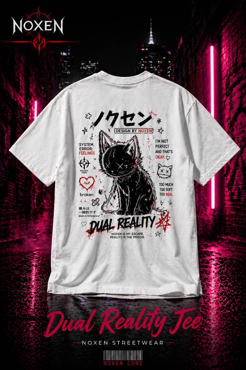 Premium Oversize T-Shirt von NOXEN mit Dual Reality Motiv, in Weiß.