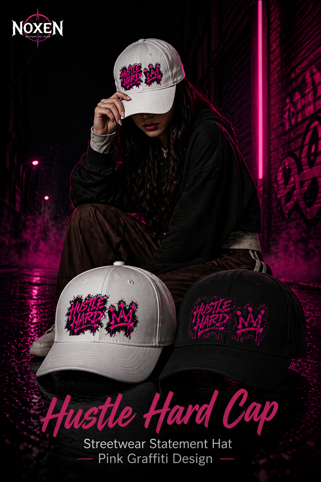 Hustle Hard Cap Streetwear Statement Hat Pink Graffiti Design – Produktansicht